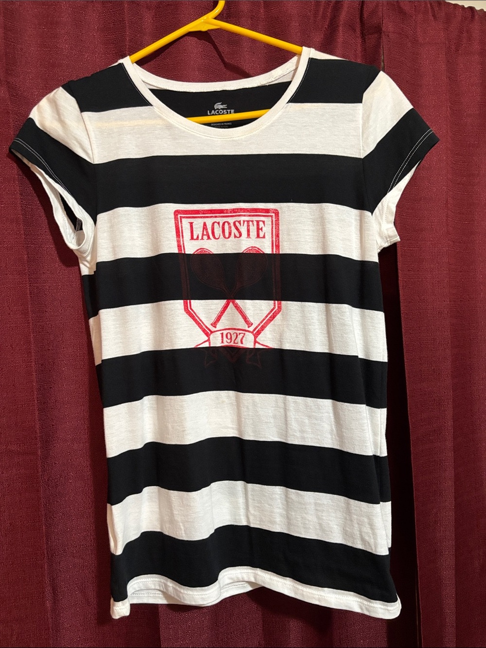 Lacoste Black & White Striped Tee with Red Crest size small (40)